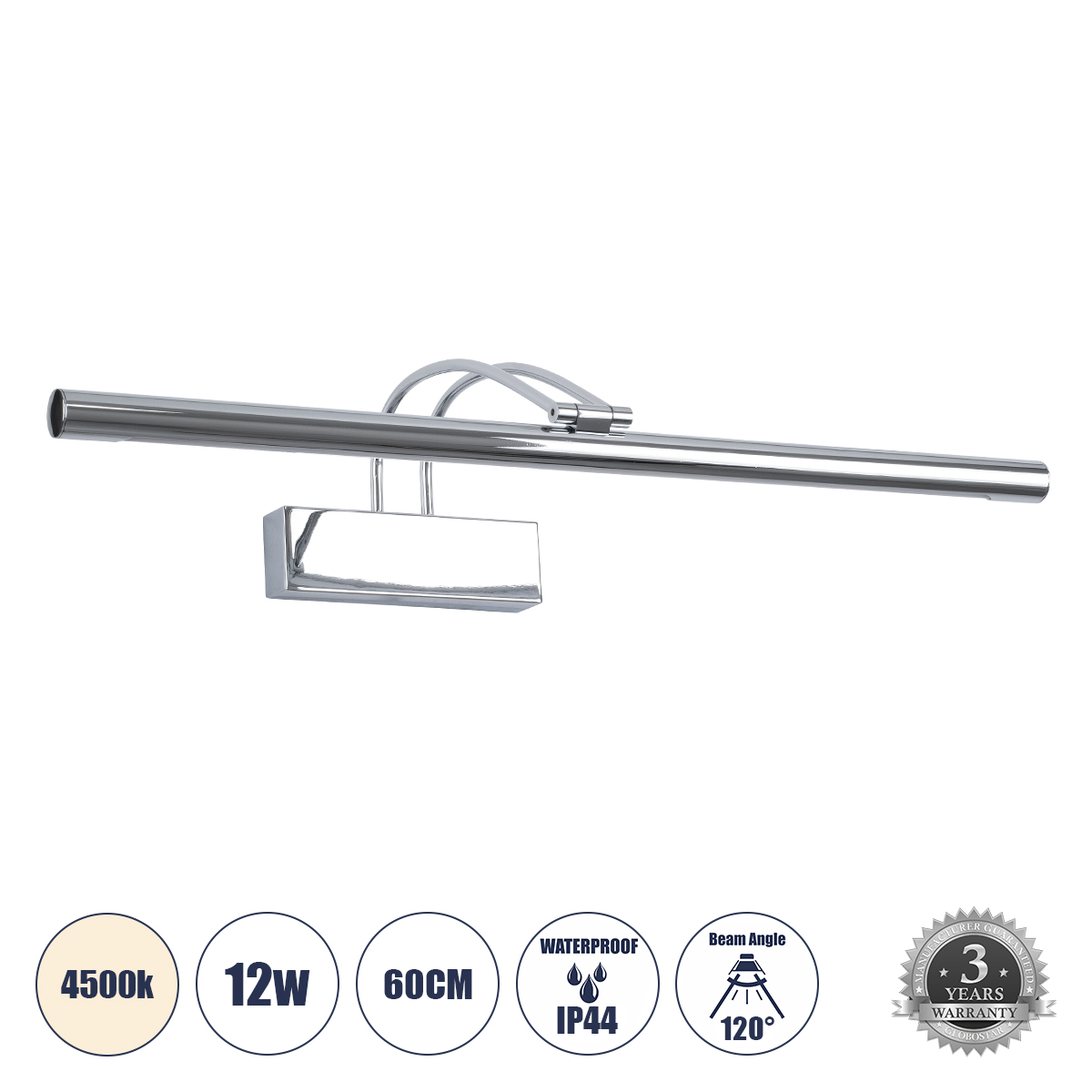 GloboStar® LAURA 60426 Μοντέρνο Φωτιστικό Τοίχου - Απλίκα Καθρέπτη Μπάνιου - Πίνακα LED 12W 1400lm 120° AC 220-240V IP44 Μ60 x Π27 x Υ13cm - Φυσικό Λευκό 4500K - Χρώμιο Νίκελ - 3 Years Warranty