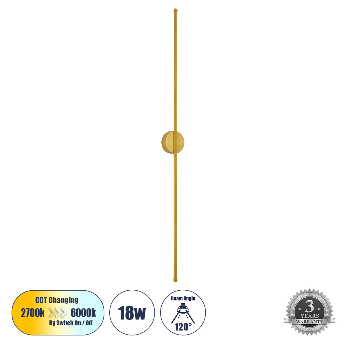 GloboStar® DIADEM 61334 Φωτιστικό Τοίχου - Απλίκα Design LED CCT 18W 2160lm 120° AC 220-240V - Εναλλαγή Φωτισμού μέσω Διακόπτη On/Off All In One Ψυχρό 6000k+Φυσικό 4500k+Θερμό 2700k Μ10 x Π4 x Υ120cm - Χρυσό - 3 Years Warranty