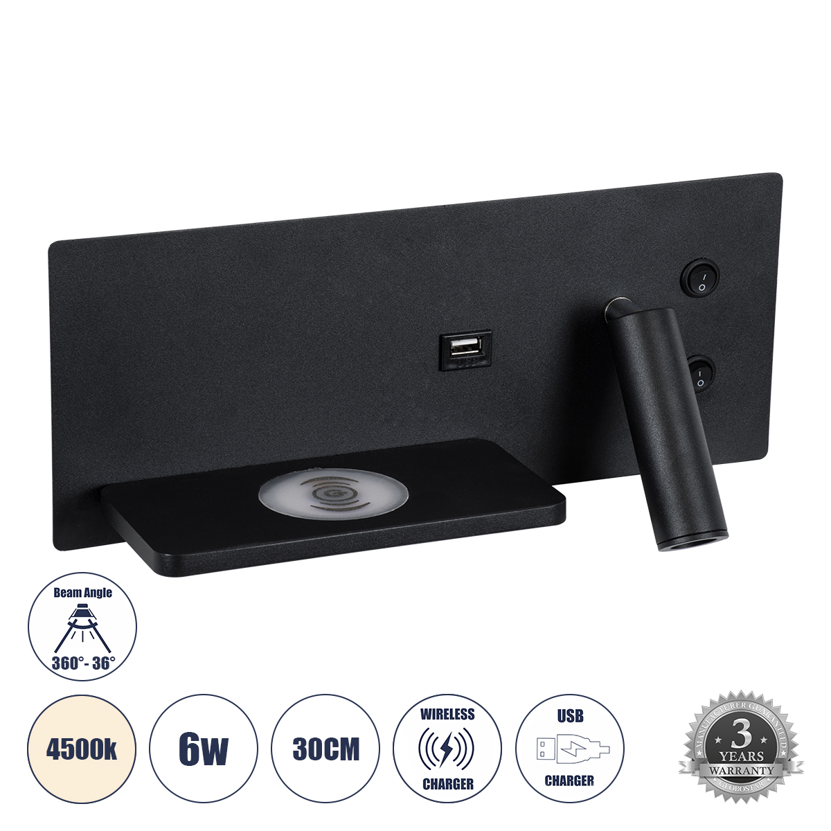 GloboStar® PALADIN 61351 Μοντέρνο Φωτιστικό Τοίχου - Απλίκα Ξενοδοχείου Bed Side LED 6W 720lm 36° AC 220-240V - Reading Light & Κρυφός Φωτισμός - Φορτιστές USB 3A & Wireless 20W - Μ30 x Π11 x Υ12cm - Φυσικό Λευκό 4500K - Μαύρο - Αριστερό - 3 Years Warrant