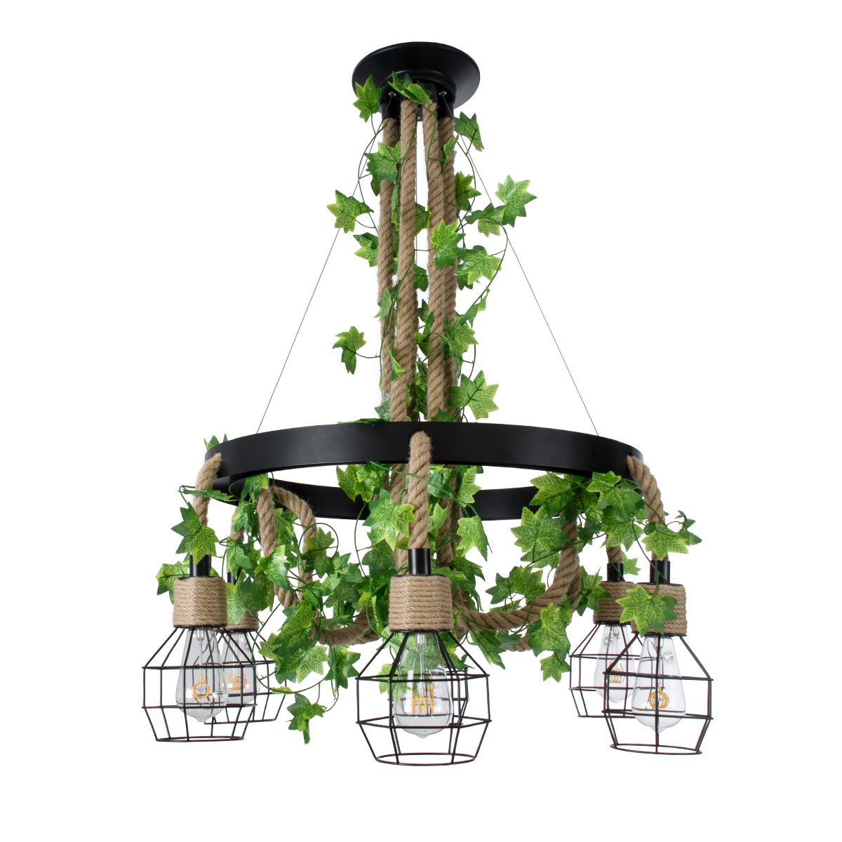 GloboStar®-HELLET-01193-Vintage-Industrial-Κρεμαστό-Φωτιστικό-Οροφής-Πολύφωτο-6-x-E27-Μαύρο-Μεταλλικό-Πλέγμα-με-Μπεζ-Σχοινί-Φ72-x-Y80cm-1
