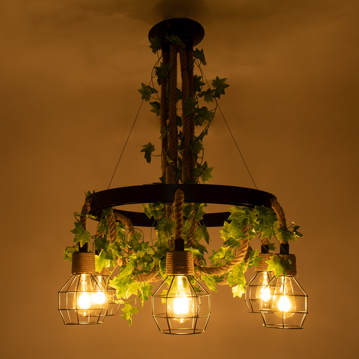 GloboStar®-HELLET-01193-Vintage-Industrial-Κρεμαστό-Φωτιστικό-Οροφής-Πολύφωτο-6-x-E27-Μαύρο-Μεταλλικό-Πλέγμα-με-Μπεζ-Σχοινί-Φ72-x-Y80cm-2