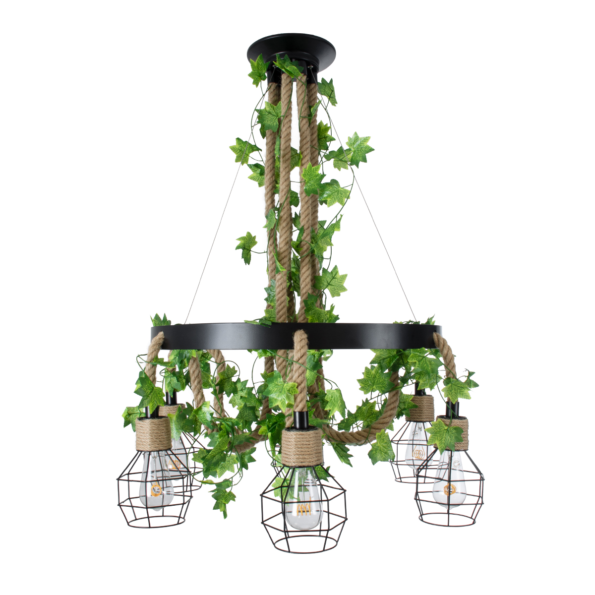 GloboStar®-HELLET-01193-Vintage-Industrial-Κρεμαστό-Φωτιστικό-Οροφής-Πολύφωτο-6-x-E27-Μαύρο-Μεταλλικό-Πλέγμα-με-Μπεζ-Σχοινί-Φ72-x-Y80cm-3