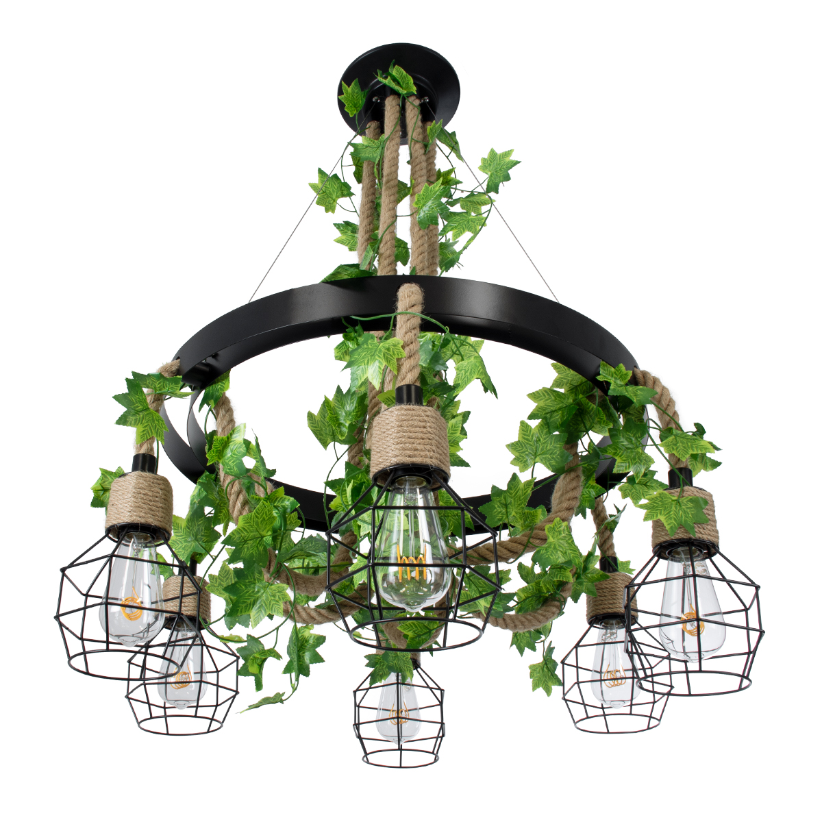 GloboStar®-HELLET-01193-Vintage-Industrial-Κρεμαστό-Φωτιστικό-Οροφής-Πολύφωτο-6-x-E27-Μαύρο-Μεταλλικό-Πλέγμα-με-Μπεζ-Σχοινί-Φ72-x-Y80cm-4