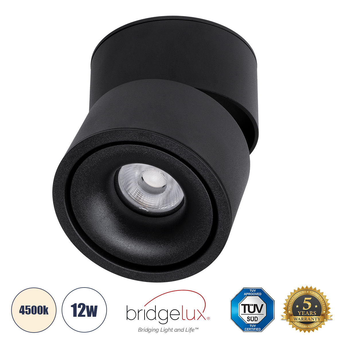 GloboStar®-OMEGA-S-60300-Επιφανειακό-LED-Spot-Downlight-Φ10cm-12W-1560lm-36°-AC-220-240V-IP20-Φ10-x-Υ10.5cm-Στρόγγυλο-Μαύρο-Φυσικό-Λευκό-4500K-Bridgelux-COB-5-Years-Warranty-1