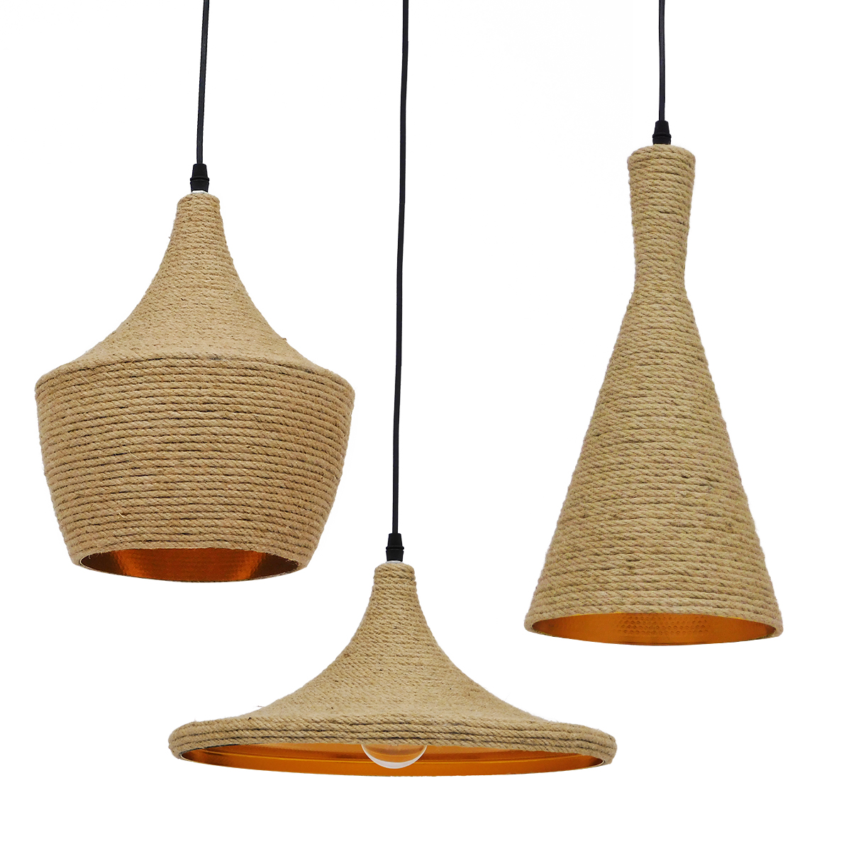 GloboStar®-SHANGHAI-ROPE-00875-SET-3-Μοντέρνα-Κρεμαστά-Φωτιστικά-Οροφής-Τρίφωτο-3-x-E27-με-Μπεζ-Σχοινί-Μεταλλικά-Καμπάνα-1