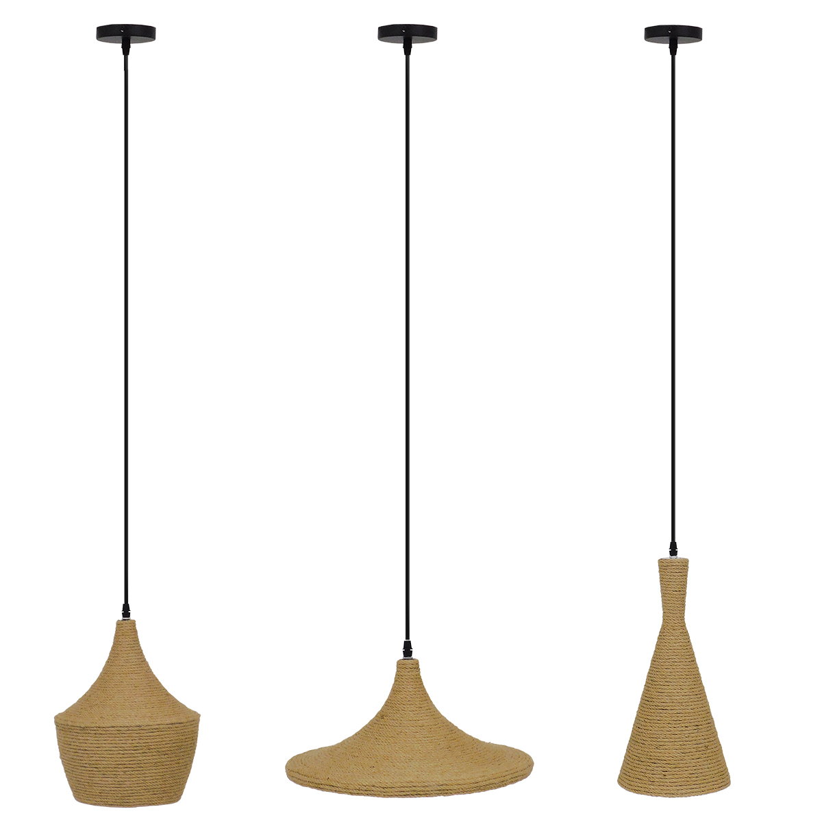 GloboStar®-SHANGHAI-ROPE-00875-SET-3-Μοντέρνα-Κρεμαστά-Φωτιστικά-Οροφής-Τρίφωτο-3-x-E27-με-Μπεζ-Σχοινί-Μεταλλικά-Καμπάνα-2