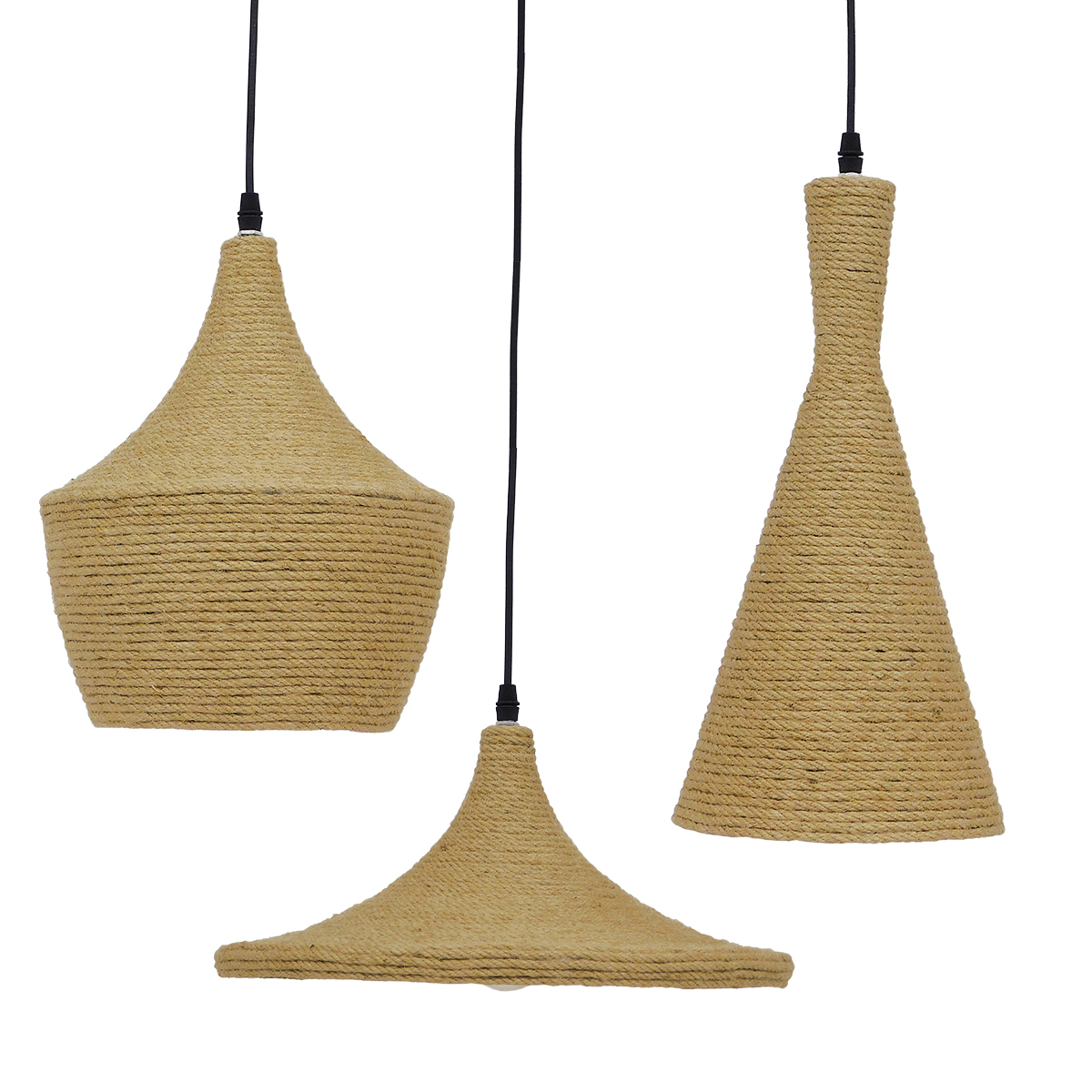 GloboStar®-SHANGHAI-ROPE-00875-SET-3-Μοντέρνα-Κρεμαστά-Φωτιστικά-Οροφής-Τρίφωτο-3-x-E27-με-Μπεζ-Σχοινί-Μεταλλικά-Καμπάνα-3