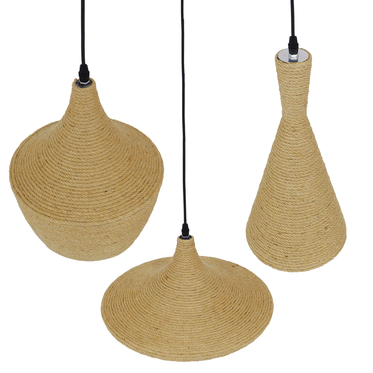 GloboStar®-SHANGHAI-ROPE-00875-SET-3-Μοντέρνα-Κρεμαστά-Φωτιστικά-Οροφής-Τρίφωτο-3-x-E27-με-Μπεζ-Σχοινί-Μεταλλικά-Καμπάνα-4
