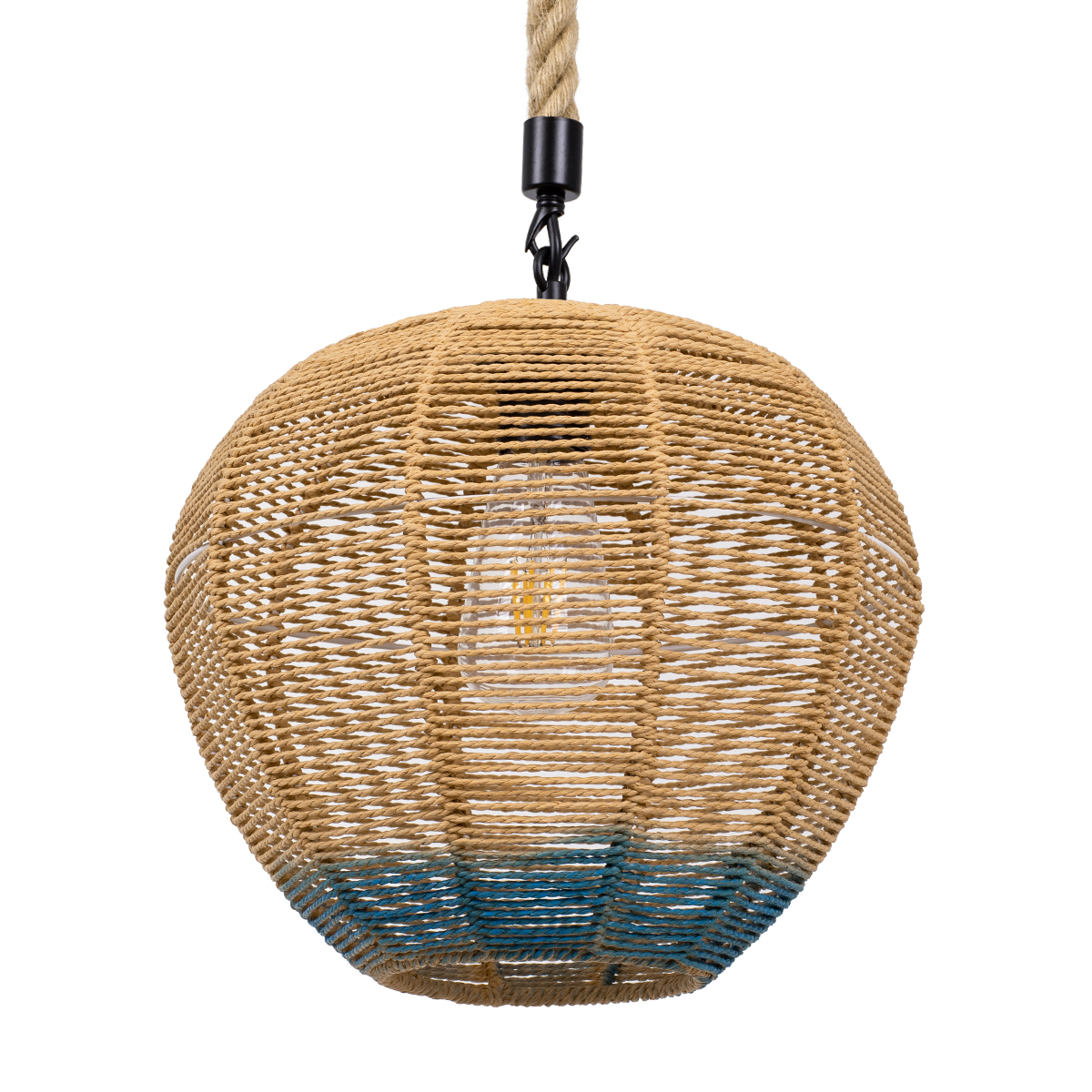 GloboStar®-SIMON-00726-Vintage-Κρεμαστό-Φωτιστικό-Οροφής-Μονόφωτο-1-x-E27-Μπεζ-Μπλε-Καμπάνα-με-Σχοινί-Φ30-x-Υ30cm-1