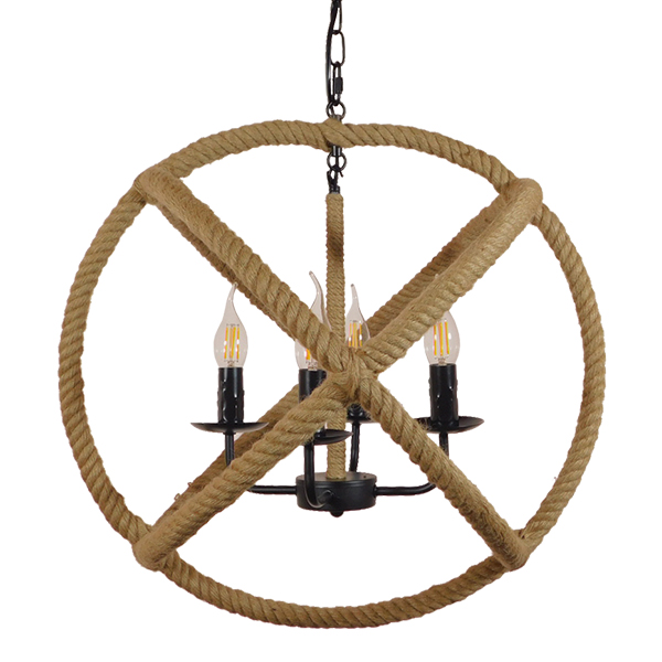 GloboStar®-VITRUVIAN-01141-Vintage-Κρεμαστό-Φωτιστικό-Οροφής-Πολύφωτο-4-x-E14-Μαύρο-Μεταλλικό-Πολυέλαιος-με-Μπεζ-Σχοινί-Φ53-x-Y52cm-2