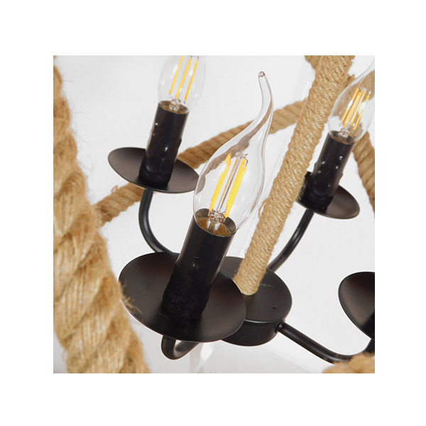 GloboStar®-VITRUVIAN-01141-Vintage-Κρεμαστό-Φωτιστικό-Οροφής-Πολύφωτο-4-x-E14-Μαύρο-Μεταλλικό-Πολυέλαιος-με-Μπεζ-Σχοινί-Φ53-x-Y52cm-4